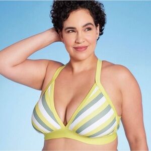Kona Sol Citron Yellow White Grey Striped Triangle Bikini Swim Suit Top
